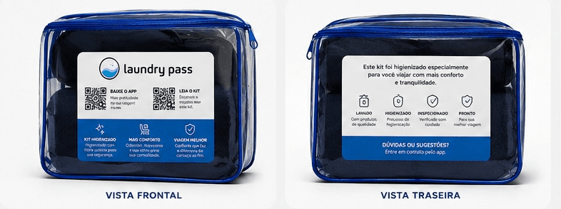 Vista frontal e traseira do Kit Conforto Viagem Laundry Pass